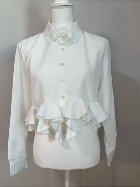 White Coquette Ruffle Peplum Blouse Removable Rosette Tie Neck Medium
